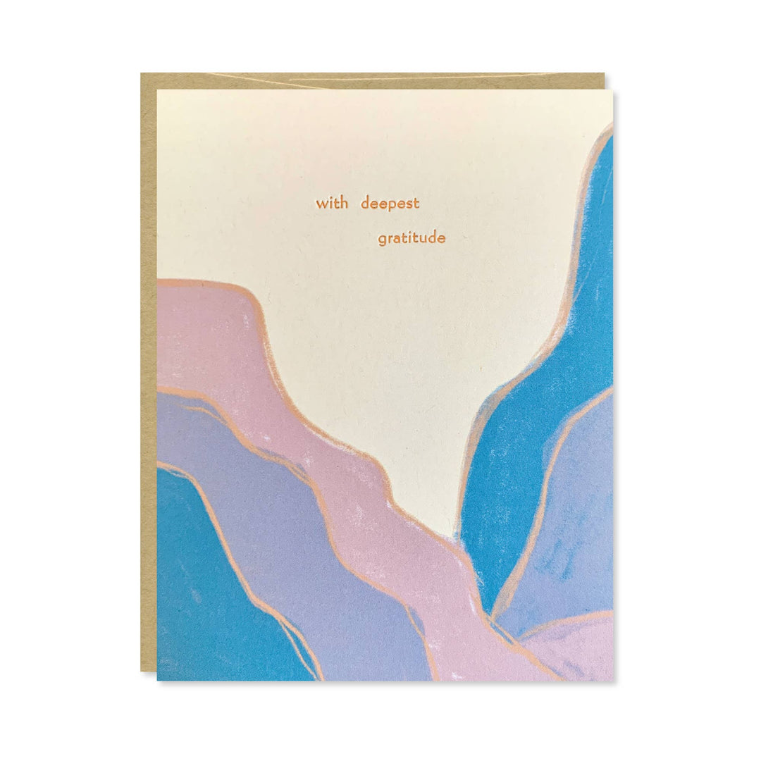 Abstract design in blues and pink, and 'with deepest gratitude' text in copper foil.
