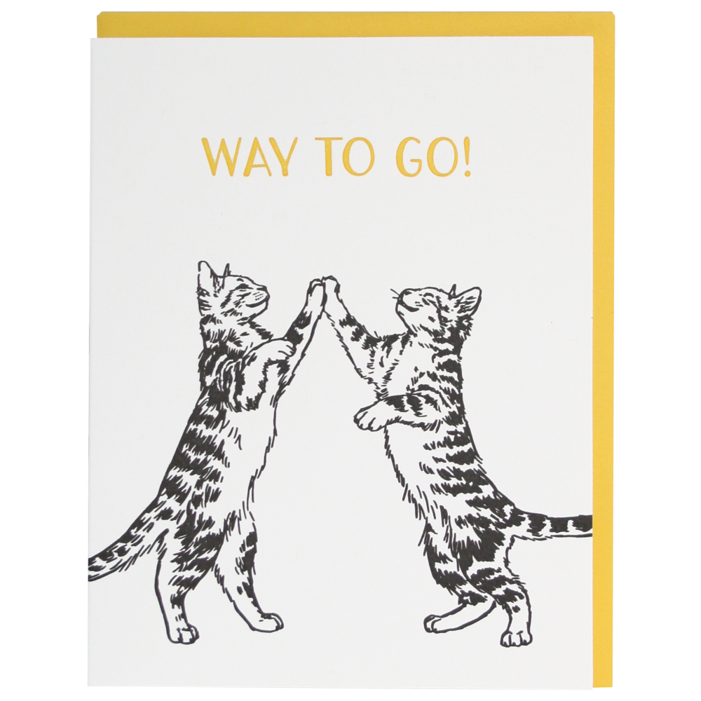 Drawing of  two cats giving each other a high-five below 'WAY TO GO!' text.