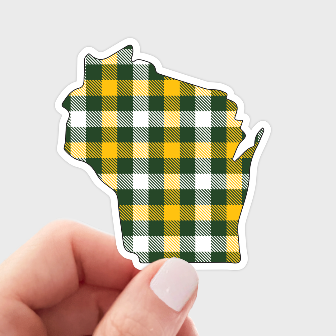 Sticker in the shape of the state of Wisconsin with Packers green and yellow plaid pattern 