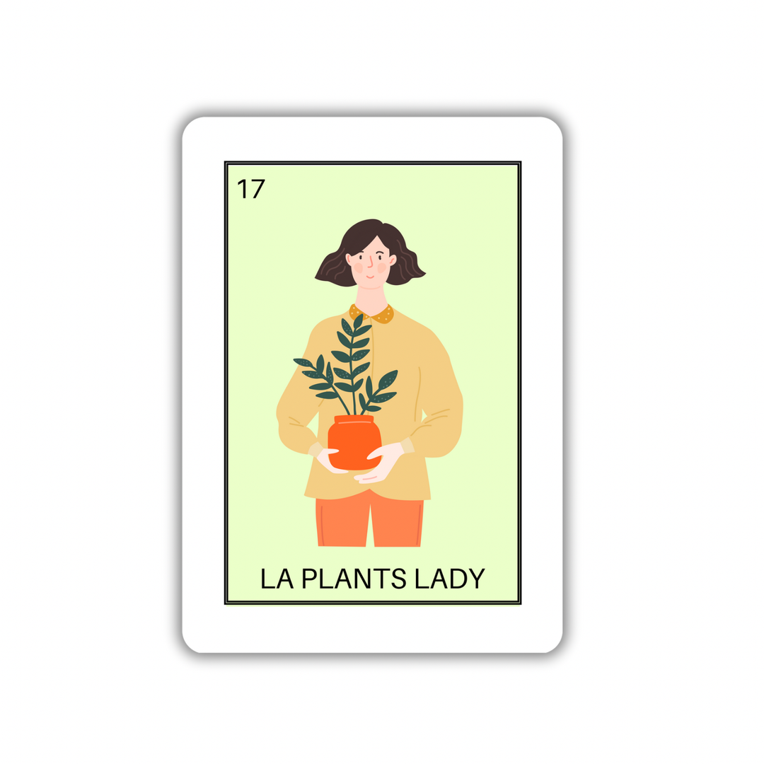 Woman holding a ZZ plant on a green background. The number 17 is in the upper left and "la plants lady" below.