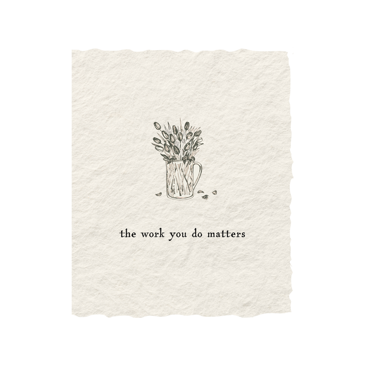 Hand drawn pitcher holding tulips in gray on off white handmade deckled edge paper.
