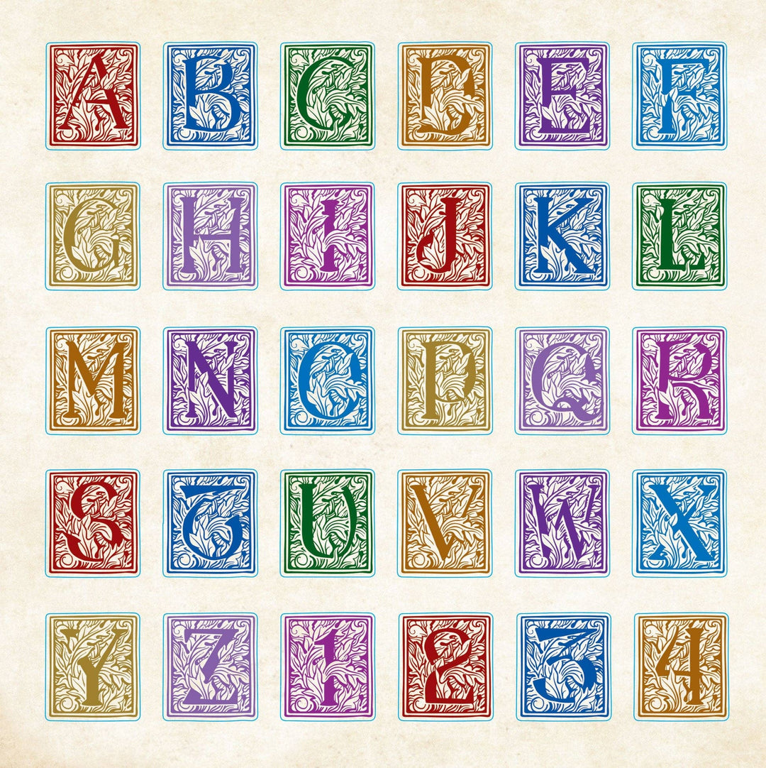 Sample page from sticker book of vintage images of the alphabet and numerals.