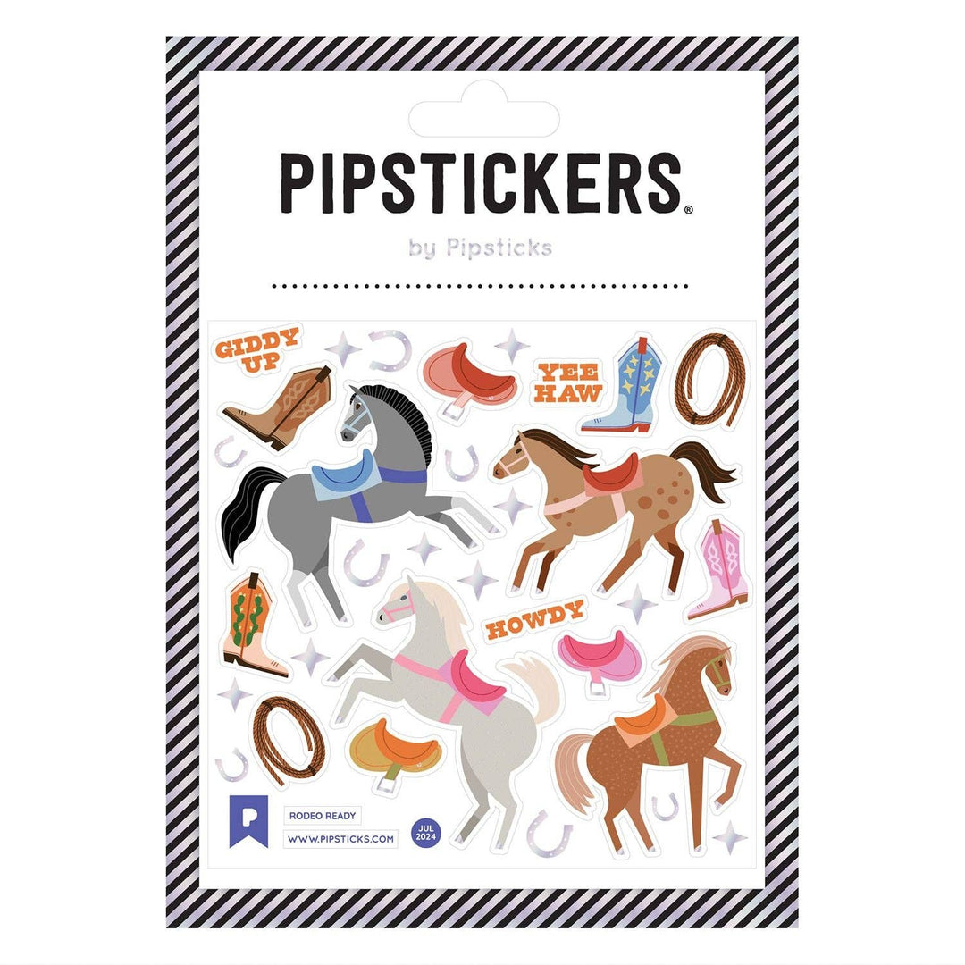 Sheet with four galloping horses in various colors surrounded by equestrian gear.
