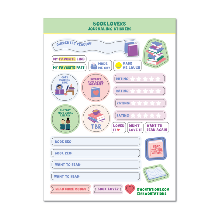 Sheet of more than two dozen book-themed journaling stickers with various designs.