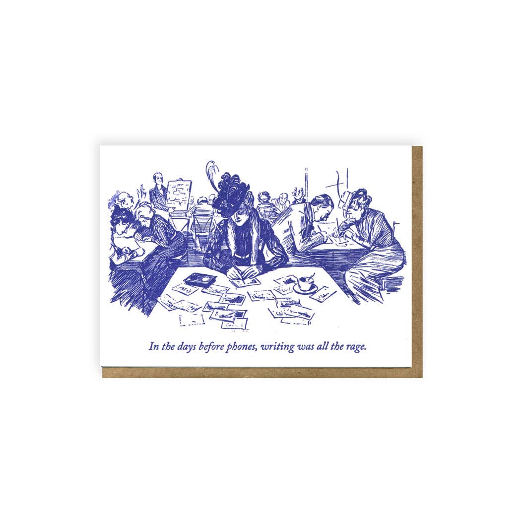 Vintage-style illustration in purple of people at tables with writing materials, above the text 'In the days before phones, writing was all the rage'.