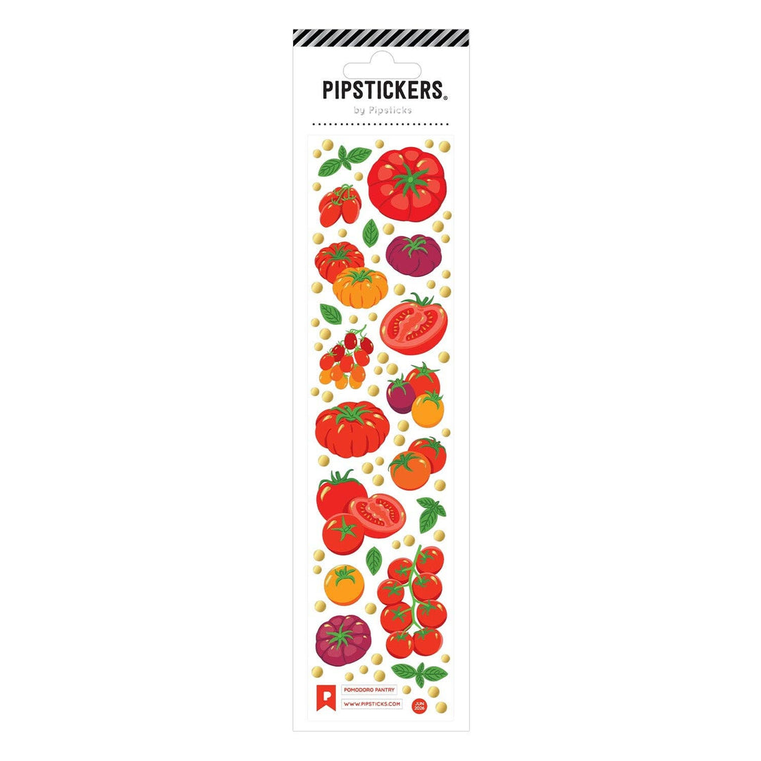 More than a dozen tomato stickers, some whole, some cut open, with basil stickers scattered here and there.