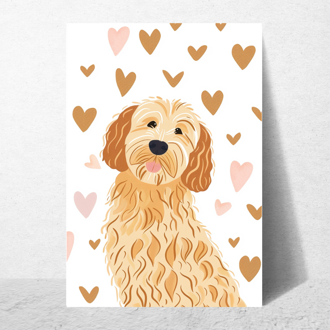 Hand drawn golden doodle surrounded by gold hearts on a white cardstock