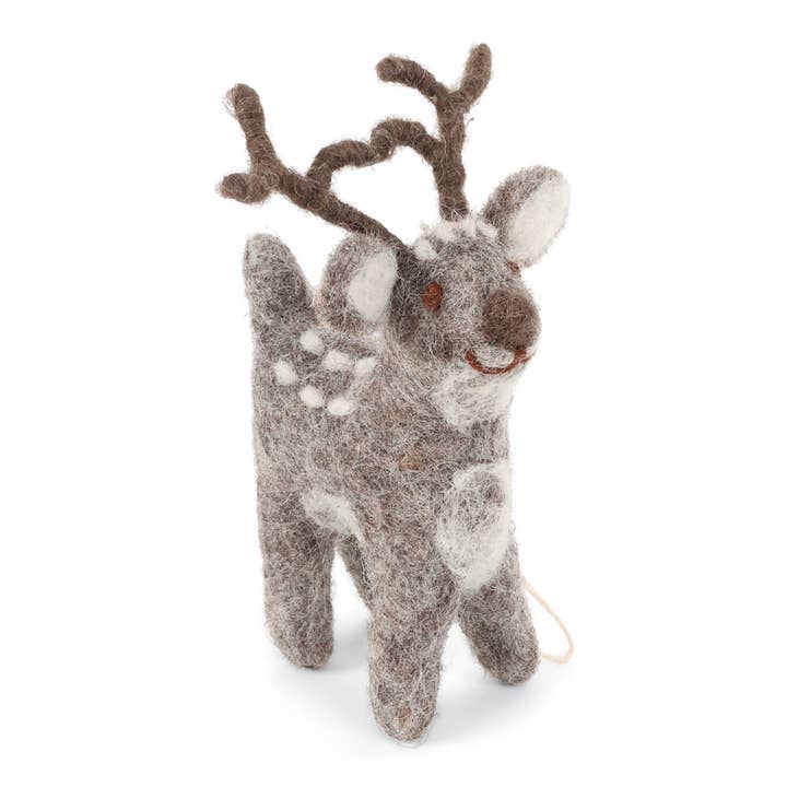 Felt grey small reindeer with with white spots and antlers.
