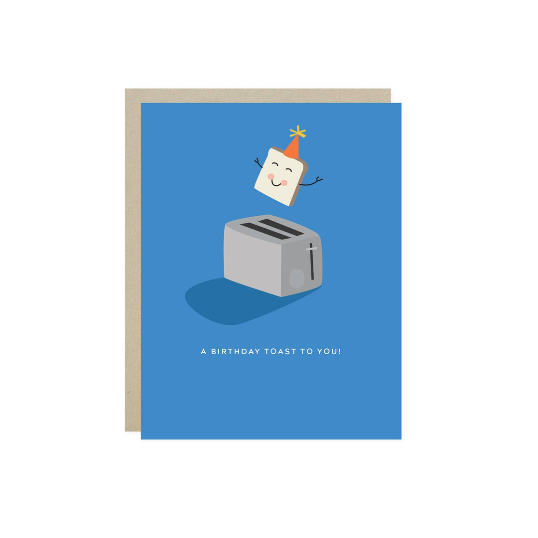 A smiling piece of toast popping out of a toaster above the text on a blue background.