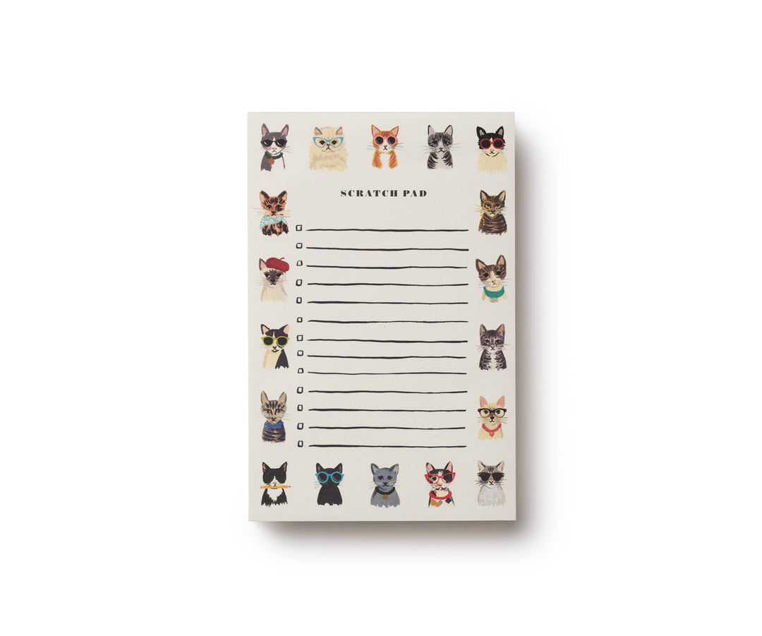 Lined notepad with a border of cats in various guises, such as sumglasses, berets, or holding an object.