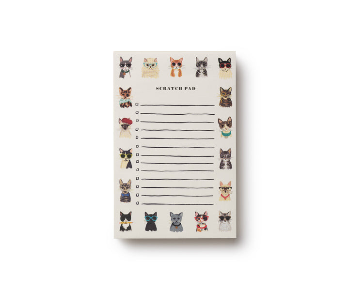 Lined notepad with a border of cats in various guises, such as sumglasses, berets, or holding an object.