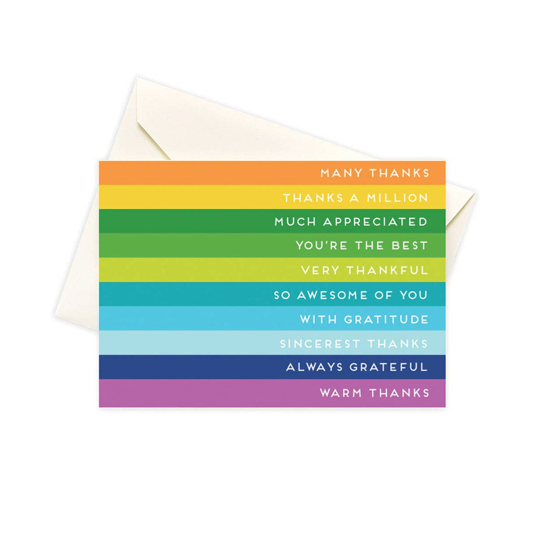 Front of card with a rainbow of stripes, each of which has text to say 'thank you' in various ways.