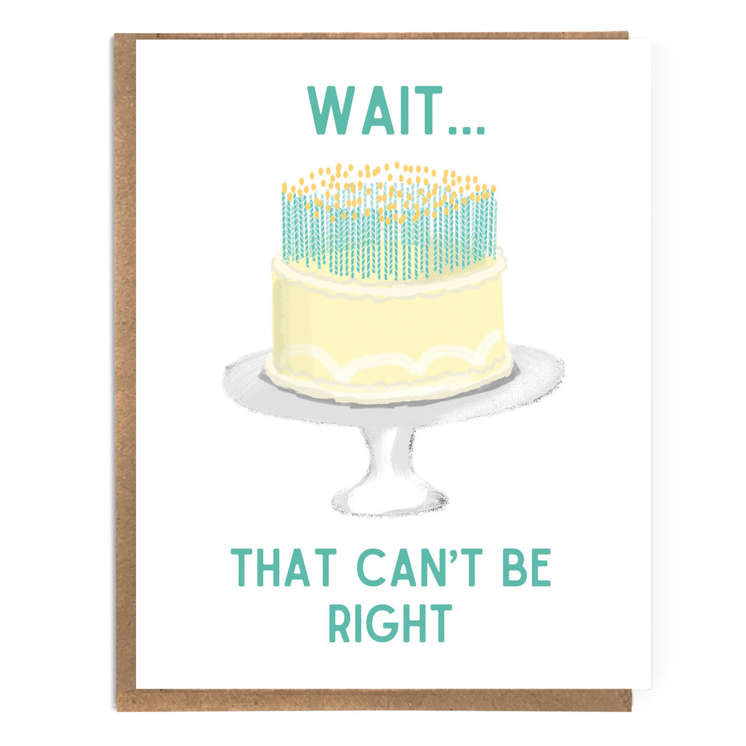 The word "Wait" in green above a yellow cake with dozens of candles and the words "that can't be right" underneath.