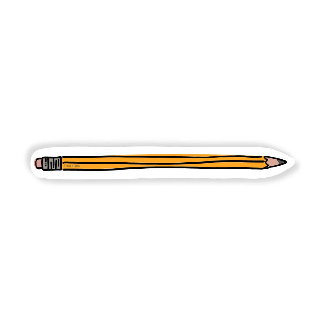 A die-cut sticker shaped like a yellow pencil with black outlines, a pink eraser, and a black sharpened tip.