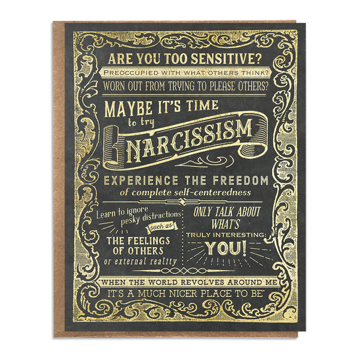 Gold text and decorations on a brown background with funny thoughts about narcissism to encourage someone who is "too sensitive" or "worn out from trying to please others."