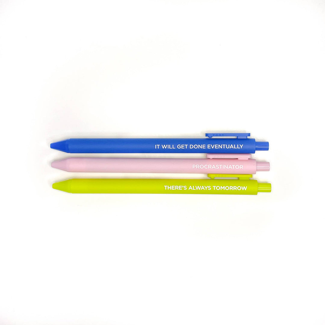 Three pens laid horizontally, blue on top, light pink in the middle and lime green on the bottom, each with text in white.