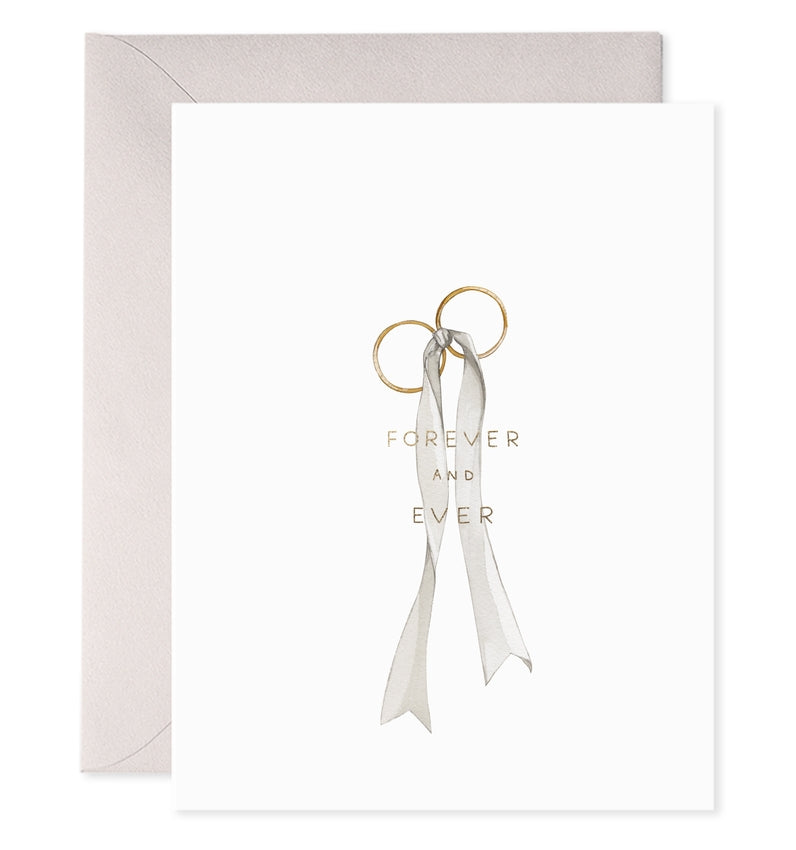 Greeting card with drawing of two wedding rings tied together with a ribbon and the text Forever and ever.