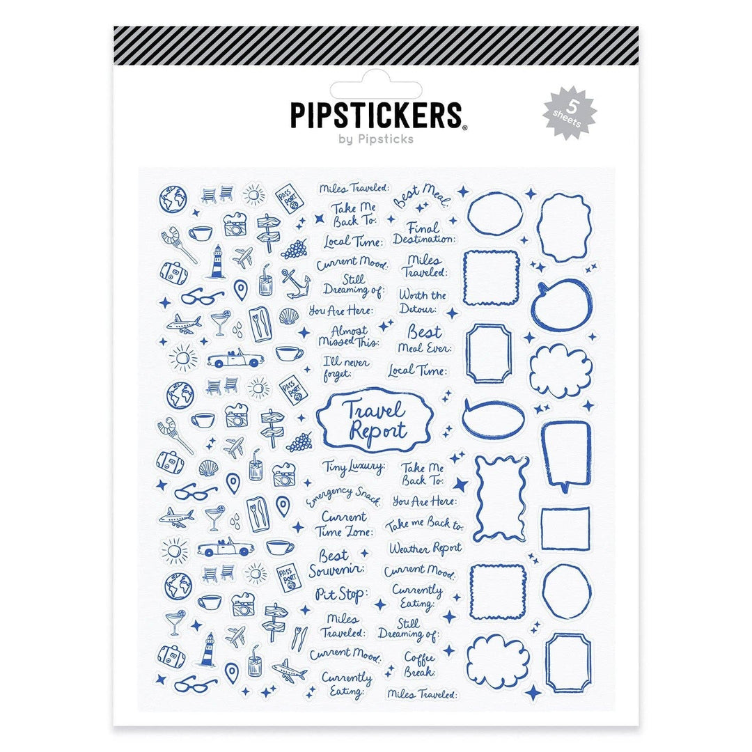 Several dozen black stickers on a clear backing, including travel-related words, images, and frames.