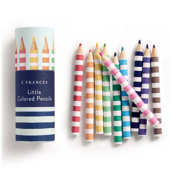 Set of 10 colorful pencils lying next to a cylindrical case with blue and white stripes below the label and images of pencils above.
