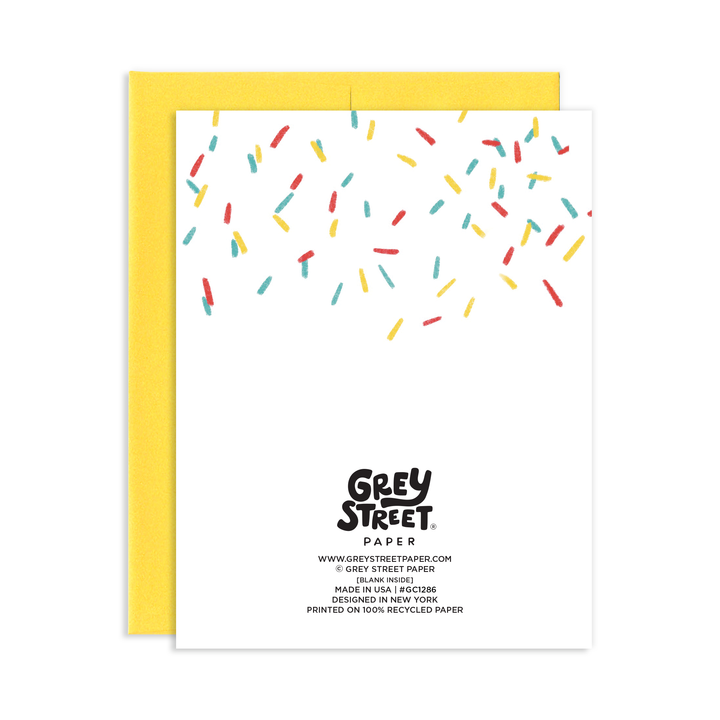 Back of card with confetti at the top and Grey Street info at the bottom.