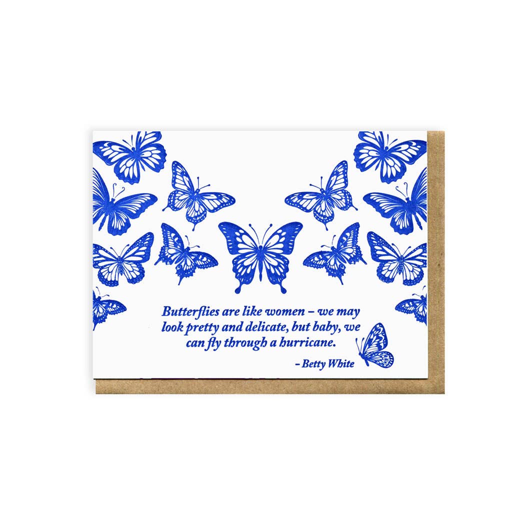 More than a dozen bue butterflies above the quote 