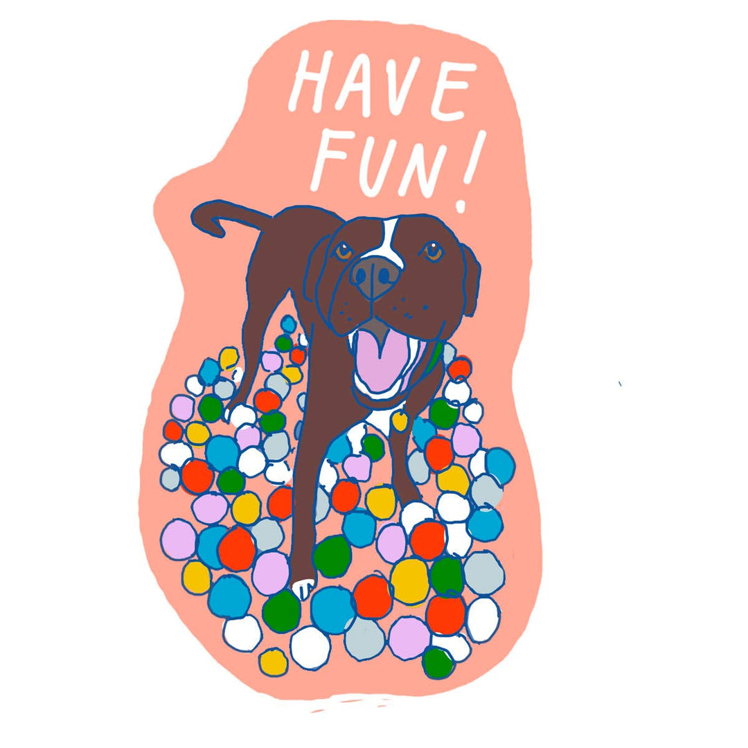 A stylized illustration of a brown dog with open mouth, standing on dozens of colorful balls, with the words “HAVE FUN!” in white on a peach background.
