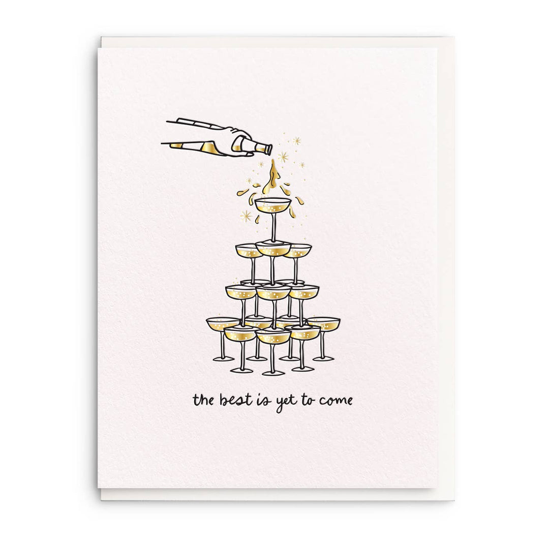 Drawing of champagne tower with cursive text below