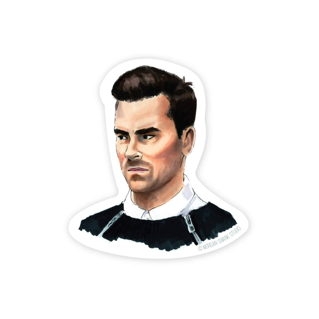 Head and shoulders of David from Schitt's Creek, wearing a concerned expression, white shirt and black sweater with two zippers.