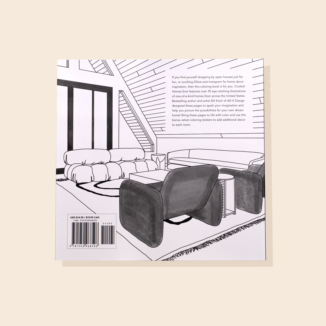 Back cover of the book with a black and white line drawing of a living room with contemporary furniture and a description of  the book.