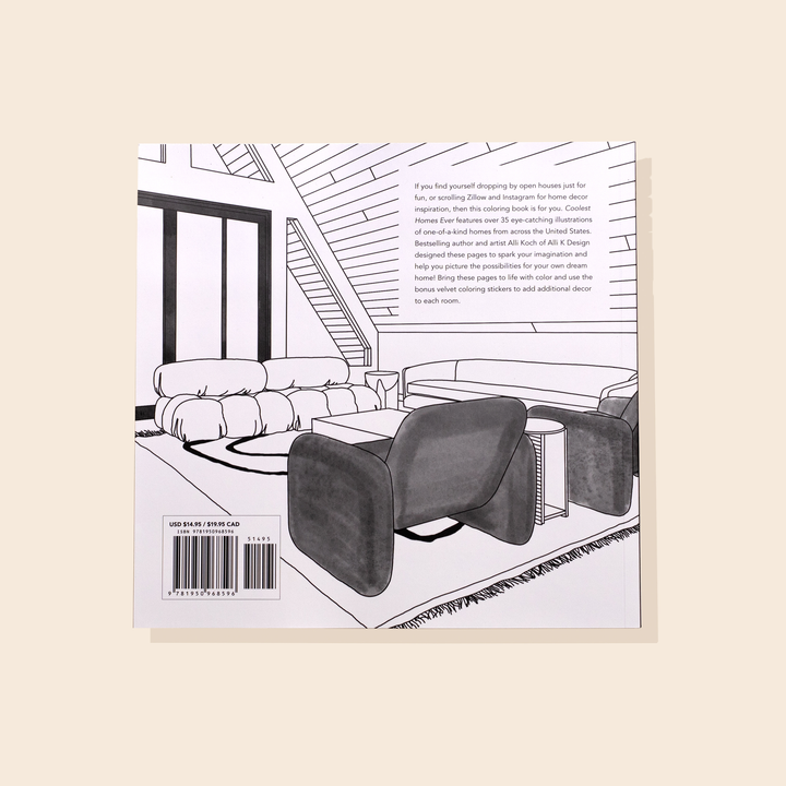 Back cover of the book with a black and white line drawing of a living room with contemporary furniture and a description of  the book.