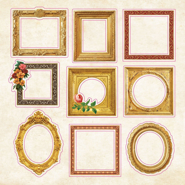 Sample page from sticker book with vintage picture frames.