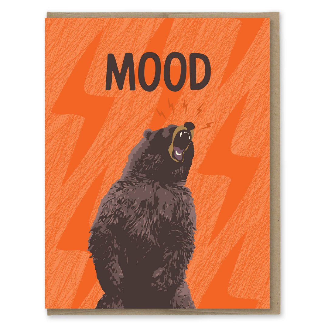 Angry brown bear standing on hind legs with wide open mouth, with MOOD written over it, on orange background