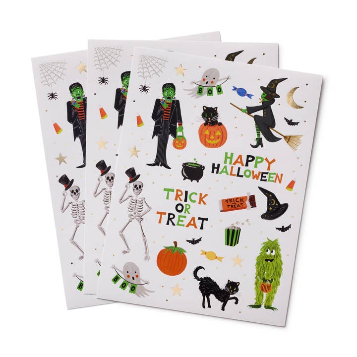 Three sticker sheets, each with more than a dozen Halloween stickers, including a witch on a broom, a black cat, pumpkins and a skeleton.