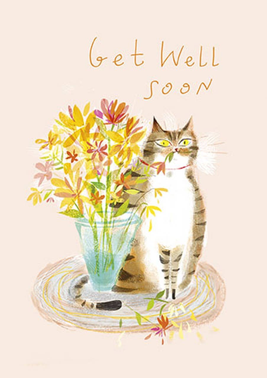 Cartoon of cat with vase of flowers and text reading Get Well Soon