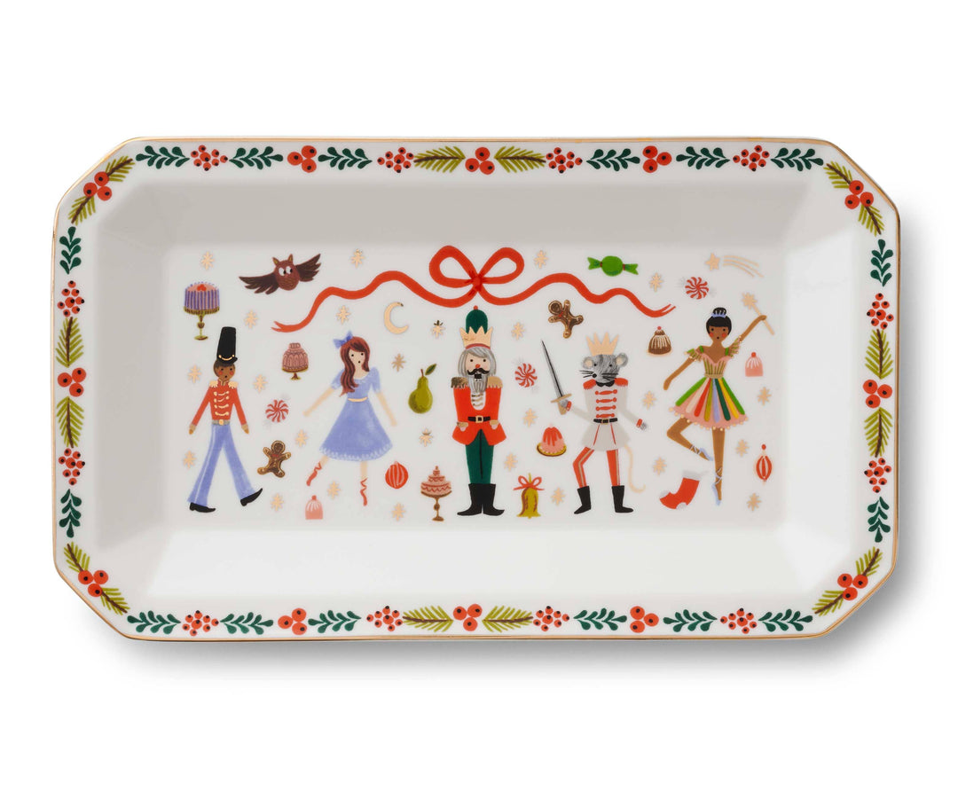 Decorative tray with illustrated characters from the Nutcracker and a festive design around the rim.