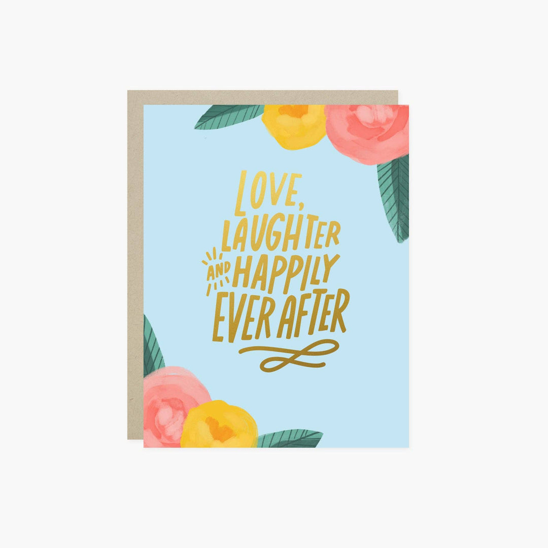 Two flowerheads in either corner of the card with text in gold in the center on a light blue background.