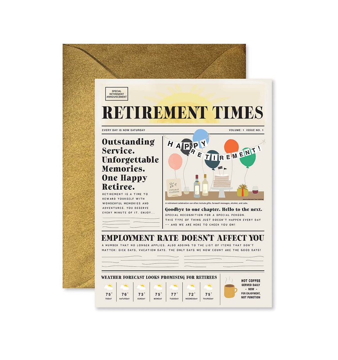 A card resembling a newspaper with various light-hearted "news" stories in front of gold envelope.