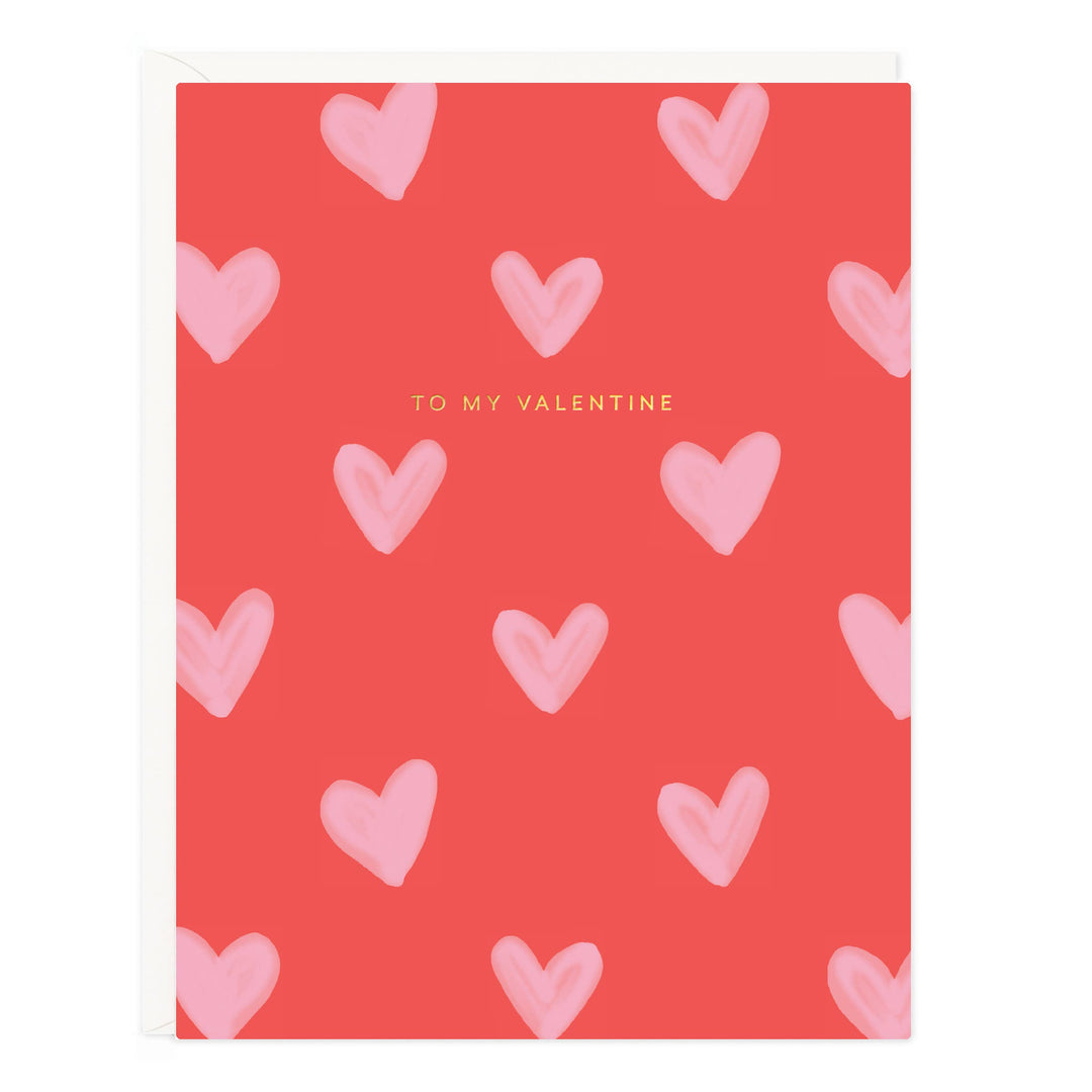Front of card with a pattern of pink hearts and 'To My Valentine' text on a red background.