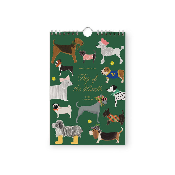 Cover of calendar with images of the twelve dogs that appear throughout on a green background.
