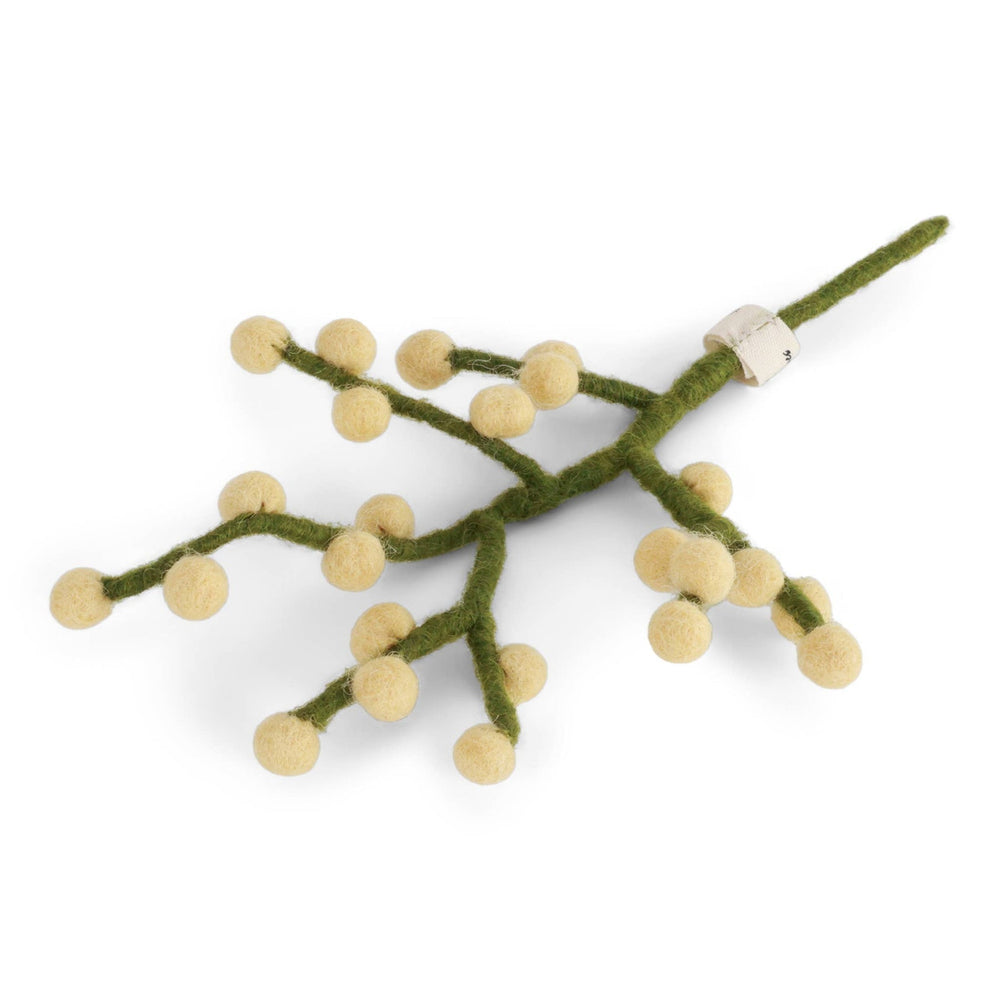 Green branch with more than 20 light yellow berries.