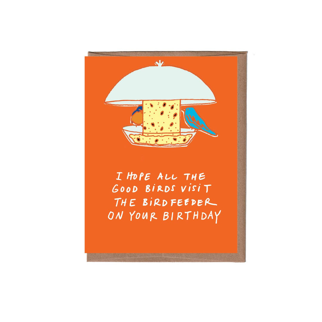 Greeting card with bird feeder illustration and birthday message on orange background