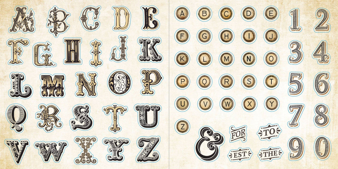 Sample page from sticker book with the alphabet and numerals in vintage style.