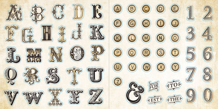 Sample page from sticker book with the alphabet and numerals in vintage style.