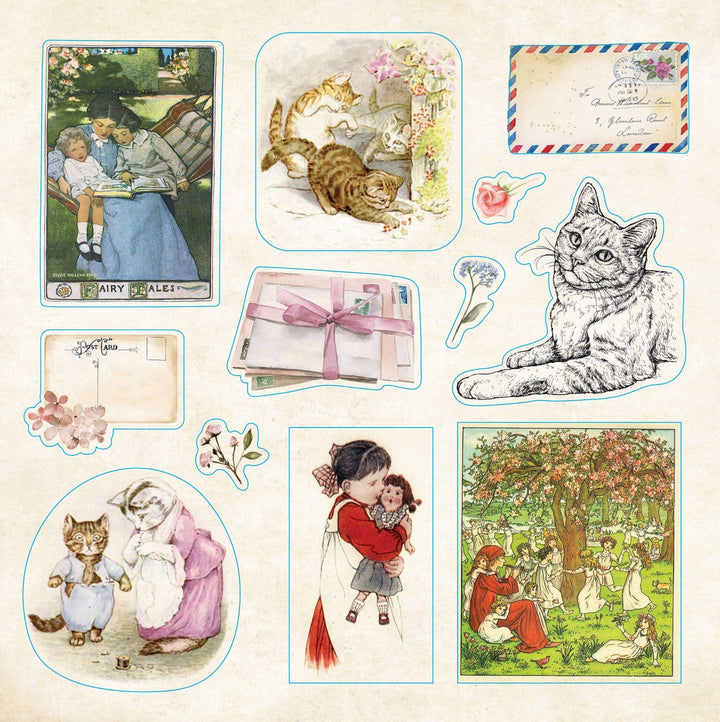 Sample page from sticker book of vintage image of children and cats.