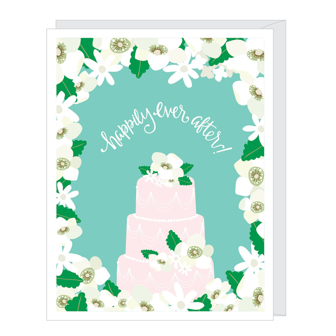 Greeting card with floral border, drawing of wedding cake and the text happily ever after