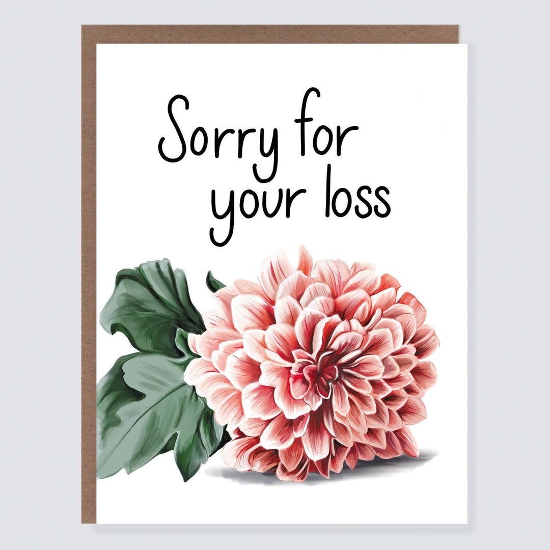 Card with pink flower and 'Sorry for your loss' text on a white background