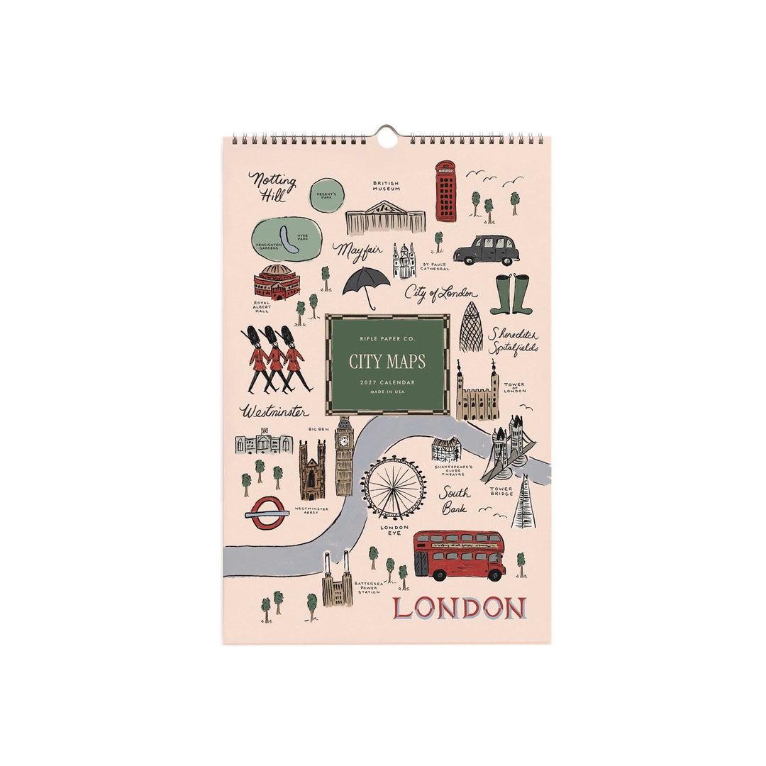 Cover of wall calendar with title 'City Maps' and images from the city of London. Each month features a different city.