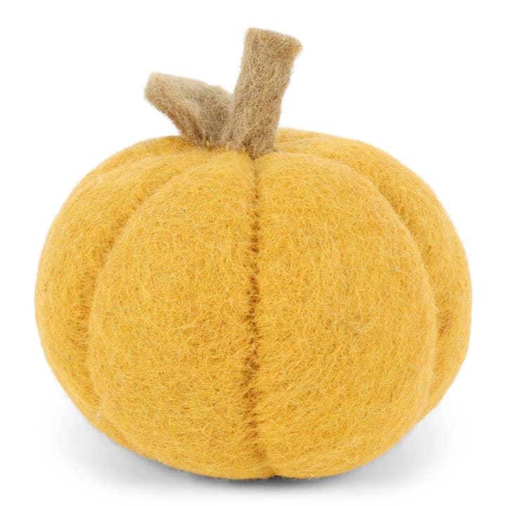 Felt pumpkin in yellow  with brown stem and single leaf at top.