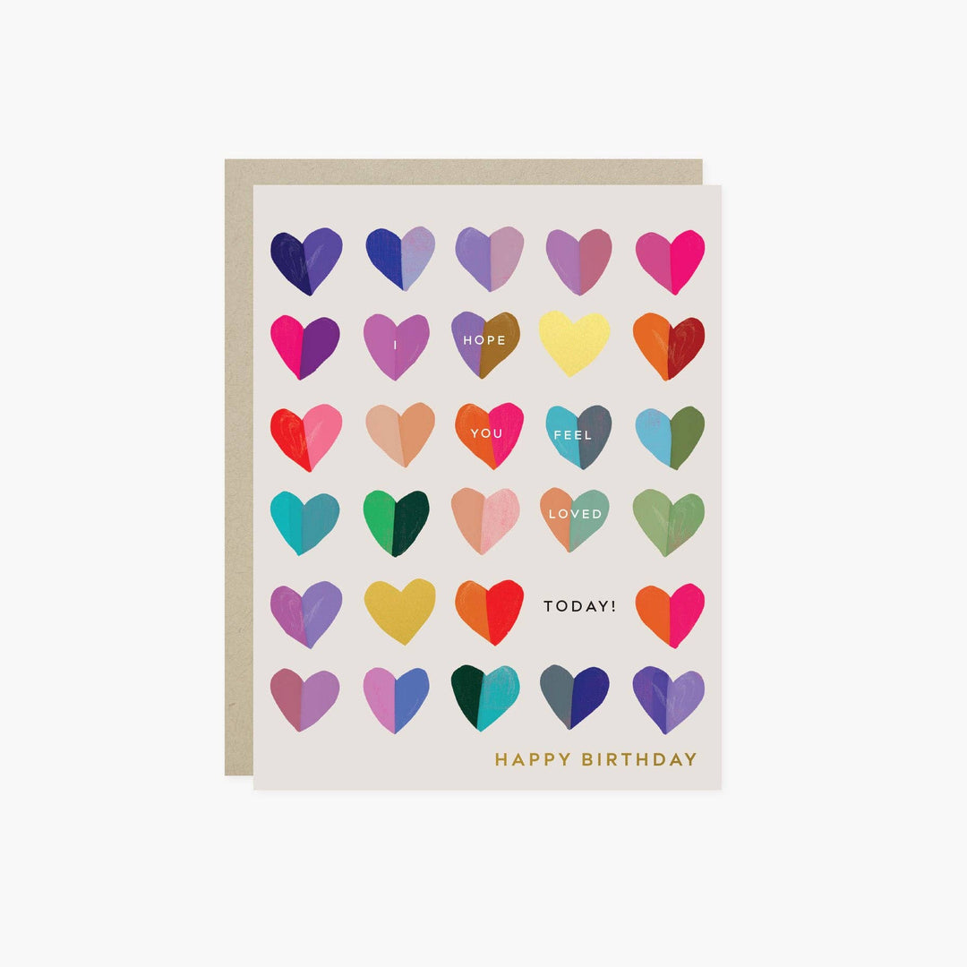 Six rows of hearts, each in different colors with text in some of the hearts and "Happy Birthday" at the bottom.