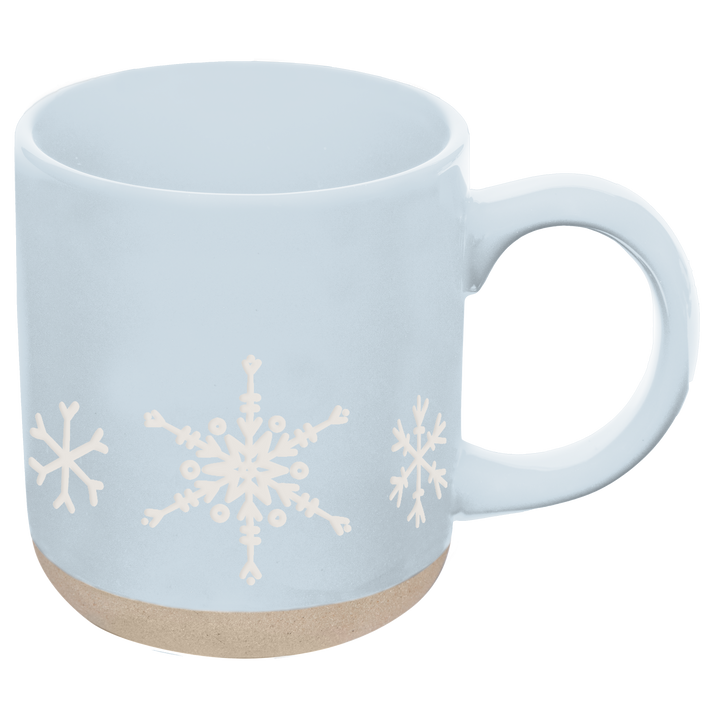 Light blue mug with snowflake designs around the bottom.